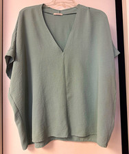 JODIFL Women's Green Solid V-Neck Short Sleeve Pullover Blouse picture