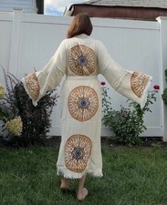 Handmade Turkish Kimono Robe Ivory Evil Eye Print Belted Beach Cover Up picture