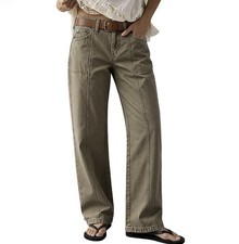 Flamingals Solid Stitch Detail Mid Waist Straight Leg Pants - Taupe XS New NWT picture