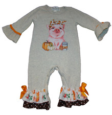 Marie Nicole Boutique Girls 6-12 Months Pumpkin Pig Ruffle Outfit Romper picture