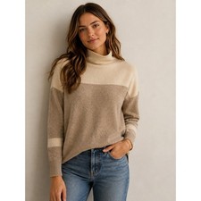 100% Cashmere Tahari Pure Luxe Colorblock Mock Neck Sweater Beige Tan Medium picture