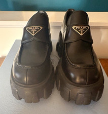 PRADA Spazzolato Rois Black Leather Slip-On Loafer Logo Plaque EU38 US8 picture
