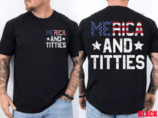 (2 Sided) Merica and Titties Funny 4th of July US Flag T-Shirt picture