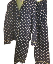 PJ Salvage Pajama Set Navy & White Polka Dot Lime Green Piping M COTTON NWOT picture