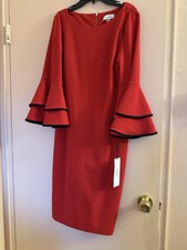 Calvin Klein Red Solid Sheath Knee Dress Scoop Neck Bell Sleeve Zip Back 10 picture