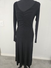 Lovestitch Bamboo Micro Rib Knit Midi Dress Black Ruched Long Sleeve NWT $73 picture
