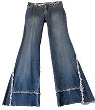 90s Y2K Frayed Flared Jeans Juniors Sz 7 Studded Blue Denim Low Rise Boho Hippie picture