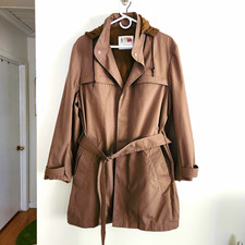 Vintage London Fog Mens 42R Belted Trench Rain Coat Taupe Brown Stowaway Hood picture