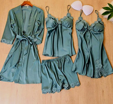 Women’s Green Satin Lace 4-Piece Pajama Set Robe V-Neck 3/4 Tie M picture