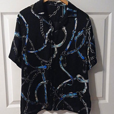 Versus Versace Men's Black/Blue Chain Belt Print Short Sleeve Button-Up Shirt 46 picture