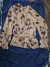 melograno Rose/Burgundy Floral Mock Neck Sheer Ruffle Chiffon Blouse L picture