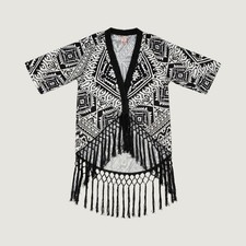 Flying Tomato Black White Geometric Tribal Fringe Kimono Cardigan IJ8550 Size M picture