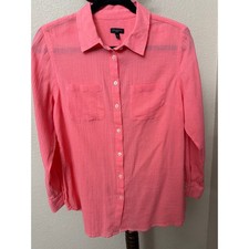 Talbots Petites Coral Pink Cotton Crinkle Gauze Button Down Shirt MP Long Sleeve picture