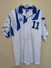 Vintage 90s Umbro White & Blue Soccer Jersey Shirt Men’s Number 11 Retro Collard picture