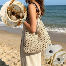 FAXHION New Openwork Knitted Bag, Large Capacity Women's Woven Beach Bag, Plaid picture
