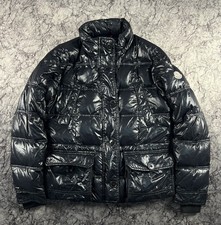 Moncler Women's Down Puffer Jacket Size 2 Black Shiny Nylon Button Flap Pockets picture