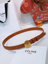 CELINE Paris Brown Leather Belt Gold Round Logo Buckle Luxury Women's Belt picture