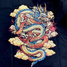 Black t-shirt with blue, red, and gold dragon graphic with skulls and clouds picture