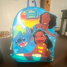 Loungefly Disney Lilo & Stitch Mini Backpack Blue Beach Graphic Faux Leather picture