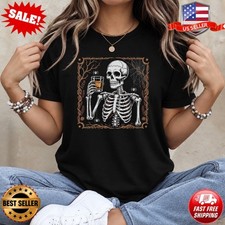 Funny Skeleton Drinking Whiskey Halloween Shirt, Unisex Graphic Tee for Parties picture