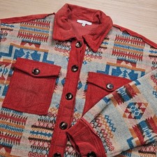 Veveret Aztec Corduroy Shacket Trim Women S Shirt Jacket Red Western VJ71882 picture