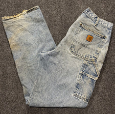 Carhartt Double Knee Light Wash/Distressed Blue Denim Loose Fit Work Wear 33x34 picture
