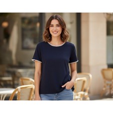 Teddi Rose Navy Short Sleeve Top White Blanket Stitch Crew Neck Small 1958446 picture