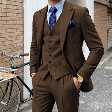 Men's 3Pcs Herringbone Tweed Suit Blazer Vest Pants Set Formal Wedding Business picture
