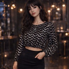 Zara Metallic Chevron Crop Top Women Small Black Silver Sparkle Party Whimsigoth picture