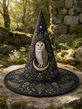 Halloween Witch Hat, Moonlit Owl Quilted Witch Hat, Gothic Halloween Costume picture