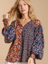 Umgee Navy Mixed Floral Metallic Blouse Boho Smocked Cuff Peasant Top picture