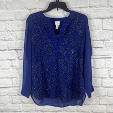 Chico's NWT Glam Old Money Blue Sequin Sheer Sleeve Blouse Festive Evening picture