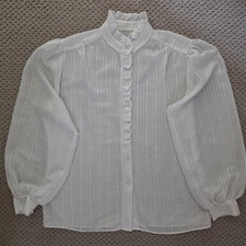 Vintage 1970s / 1980s Sheer White Shadow Stripe Ruffled High-Neck Blouse picture
