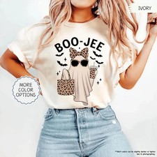 Women's Halloween Ghost T Shirt Boo Jee Leopard Bow Pumpkin Spooky Graphic Tee picture