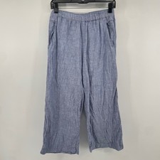 Cynthia Rowley Pants Womens S Blue Linen Wide Leg Cropped Elastic Waist Pockets picture