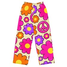 Groovy Flower Power Wide Leg Pants Buttercream Yellow 70s Hippie Peace Signs picture