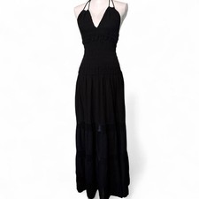 Blanco By Nature Black Halter Maxi Dress Size L 100% Cotton Goth Crochet Smocked picture
