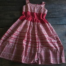 Vintage 1950s Red White Lace Print Cotton Sun Dress Square Neck Pleated Skirt picture
