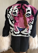 Upcycled Gap Pinstripe Blazer Jacket Sz M Custom Tiger Embroidery Faux Fur Cuffs picture