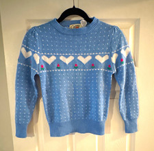 1980s-1990s Vintage Bugoff Girls M Blue Acrylic Knit Sweater Long Sleeve Hearts picture