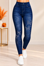 Women’s Butterfly Rhinestone Denim Look Leggings High Waist Stretch Jeggings picture