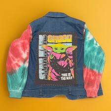 RARE OOAK Women’s Large Upcycled Denim Jacket Grogu Baby Yoda Tie-Dye Sleeves picture