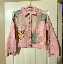 POL Women’s S Quilted Embroidered Snap Jean Jacket Boho Floral Pink Pockets picture