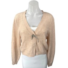 NEW H&M Cream Rhinestone-bow Rib knit Long Sleeve Crop Cardigan Sweater Top M picture