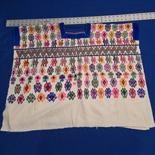 Vintage Guatemalan Huipil Handwoven Bird Diamond Brocade White Velvet Trim Blous picture
