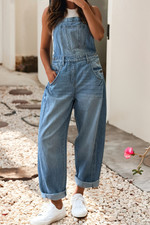 NWT Women’s Adjustable Buckle Denim Overalls Wide Leg Barrel picture