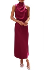 PRETTYGARDEN Women's 2025 Summer Satin Dress Elegant Sleeveless Mock Neck XL picture