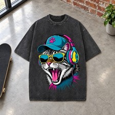 Men's Oversized Acid Wash DJ Cat Graphic Tee Y2K Hip Hop Streetwear Cotton Shirt picture