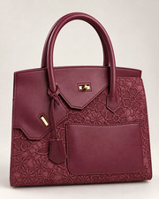 Women's Burgundy Leather Floral Embossed Top Handle Satchel Turn Lock Gold picture