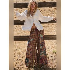 Free People Brooks Embroidered Wide Leg Patchwork Plaid Pants M NWT Rare picture